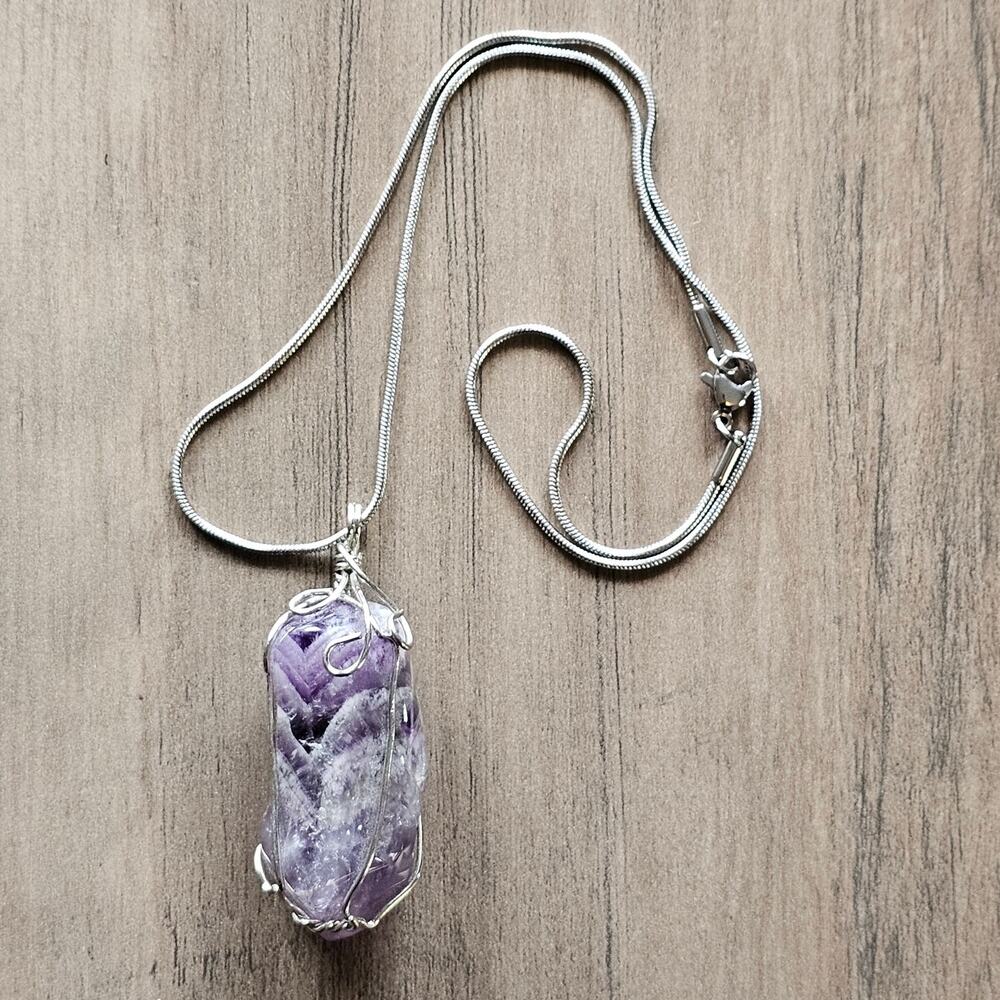 Amethyst Crystal Pendant Necklace Silver Wire Wrapped